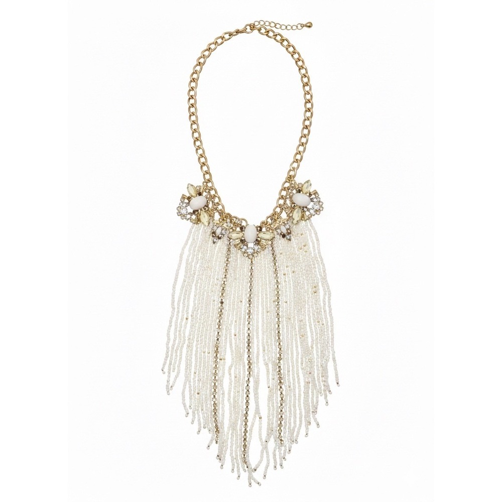 Statement‎ Necklace Gold Tone White Beads Crystal Fringe Bib Old Money Elegant